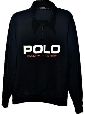 Polo by Ralph Lauren Black Quarter-Zip Sweatshirt with White and Red Logo